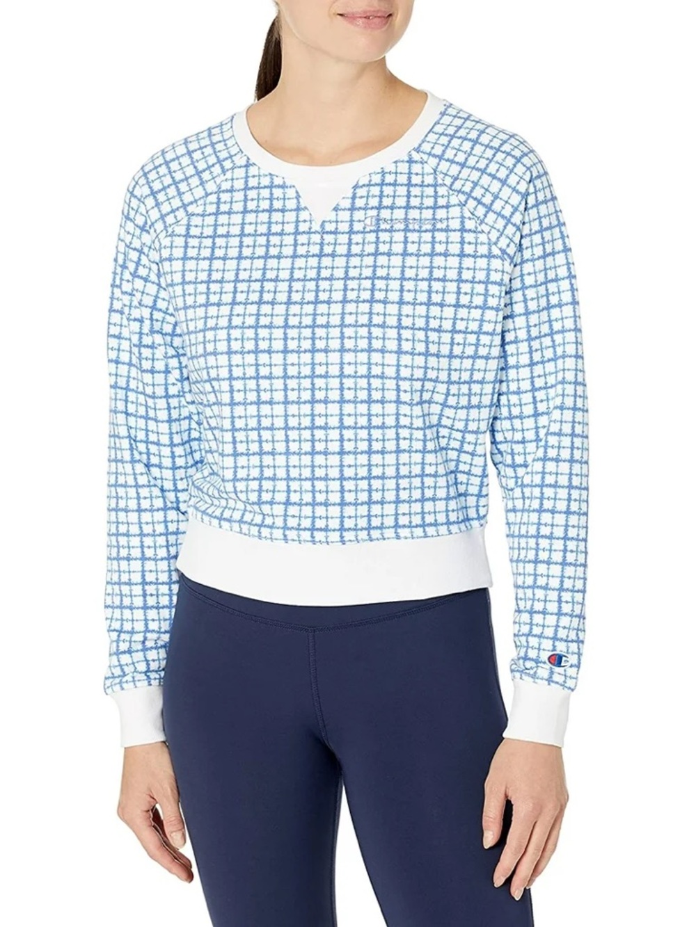 NWT Champion Batik Grid French Terry Sweatshirt White Blue Crewneck Womens Med